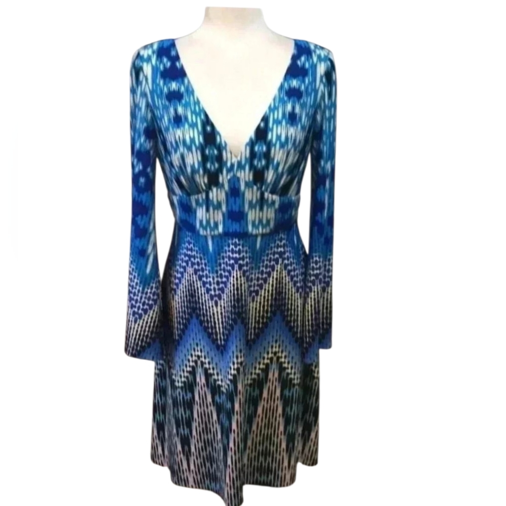 😁Boston Proper Blue Multicolored Midi Dress With Bell Sleeves Size 6
